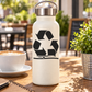 White insulated water bottle with black mirrored recycling arrows logo on front