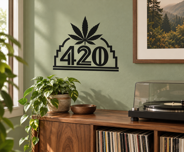 Vinyl decal with cannabis leaf and 4201 number in black