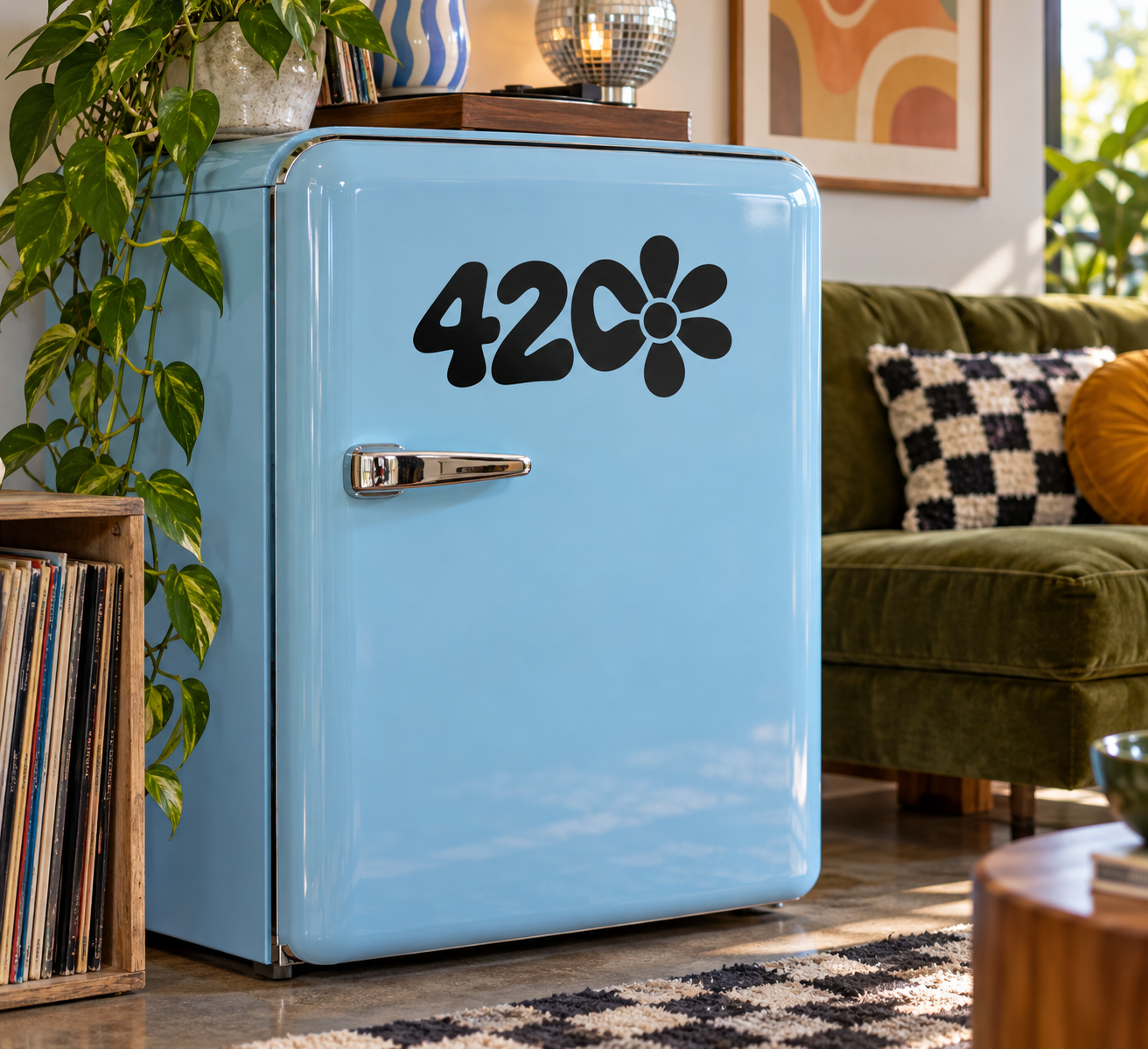 Vinyl decal for 420: bold black "420" with daisy flower icon on a fridge door