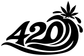 Vinyl decal close-up: bold black 420 with cannabis leaf and swirling wave beneath.