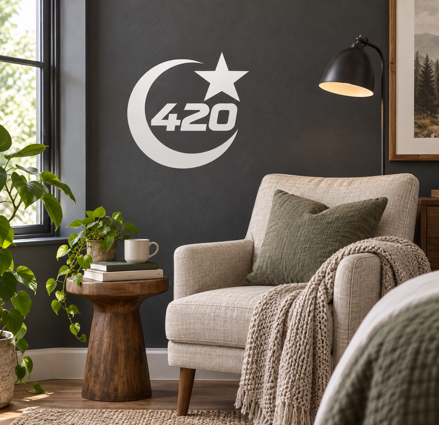 White moon-orbit 420 vinyl decal with star and crescent