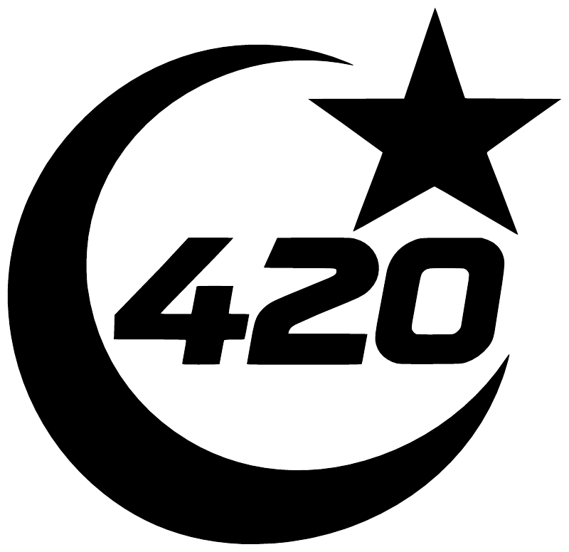 Black-and-white 420 moon-orbit vinyl decal with star and bold "420"