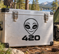 Black alien face and '420' vinyl decal on rectangular surface