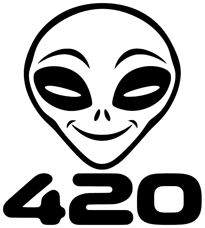 Close-up vinyl decal: black alien head outline with '420' text beneath