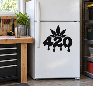 420 vinyl decal with black leaf and dripping numerals on a refrigerator door