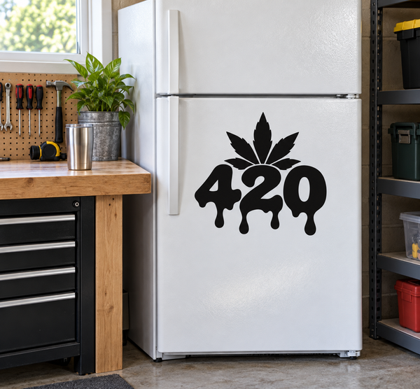 420 vinyl decal with black leaf and dripping numerals on a refrigerator door