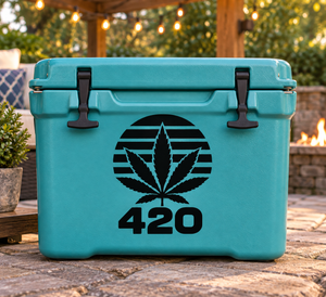 Teal 420 vinyl decal with black cannabis leaf and large 420 number