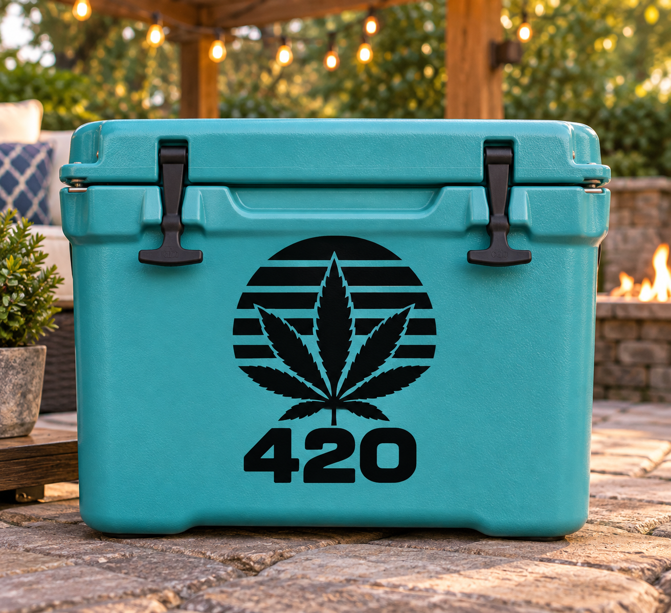 Teal 420 vinyl decal with black cannabis leaf and large 420 number