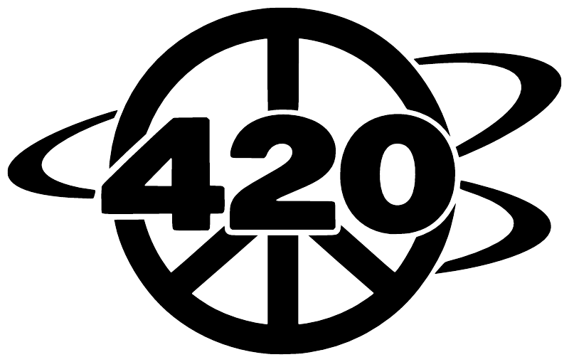 Black 420 peace-orbit vinyl decal close-up, circular peace symbol with orbit rings