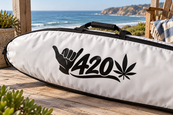 Black 420 cannabis leaf vinyl decal with hand graphic on white surface.