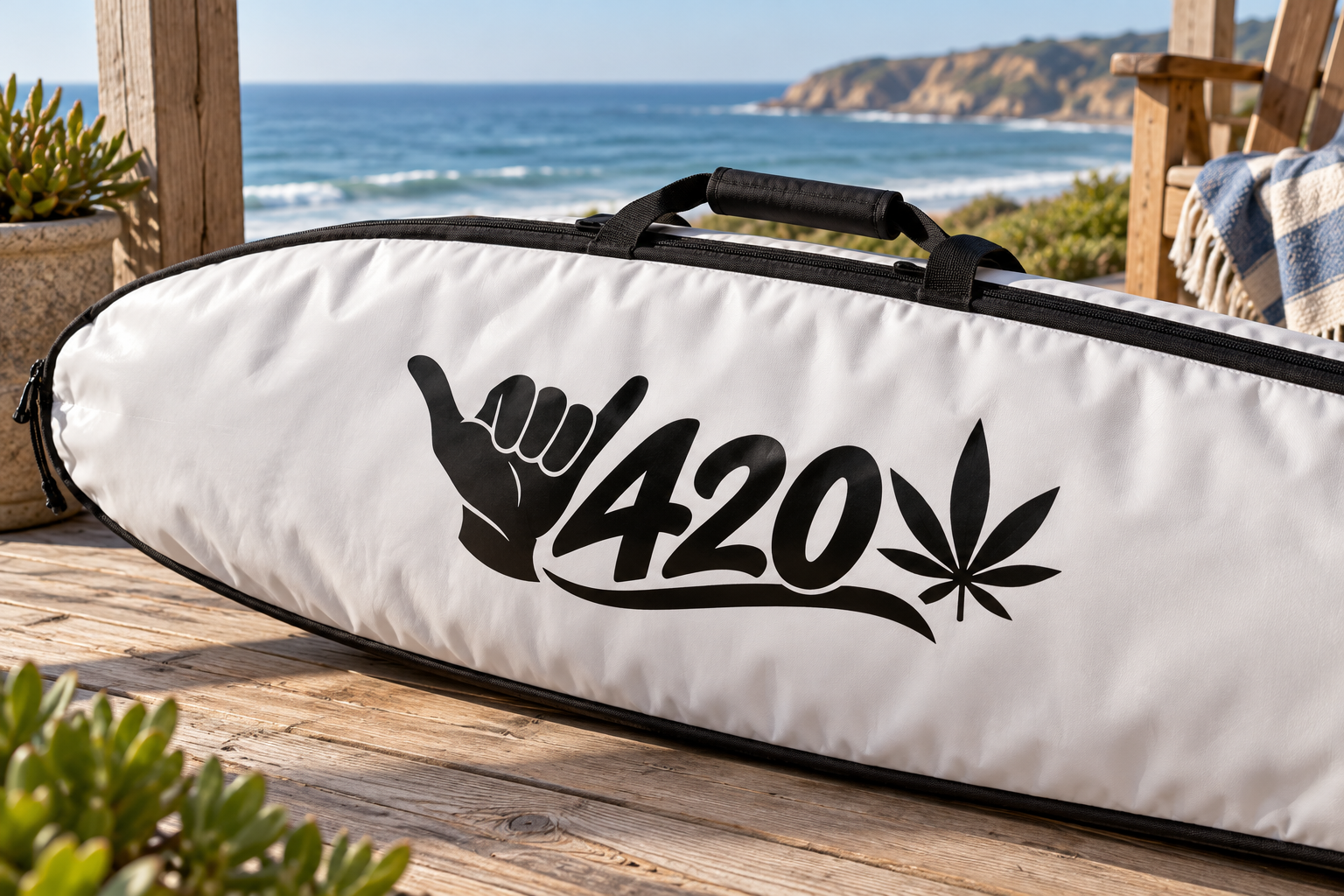 Black 420 cannabis leaf vinyl decal with hand graphic on white surface.