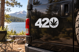 Hidden Leaf 420 vinyl decal: white 42 with leaf in circle on black door