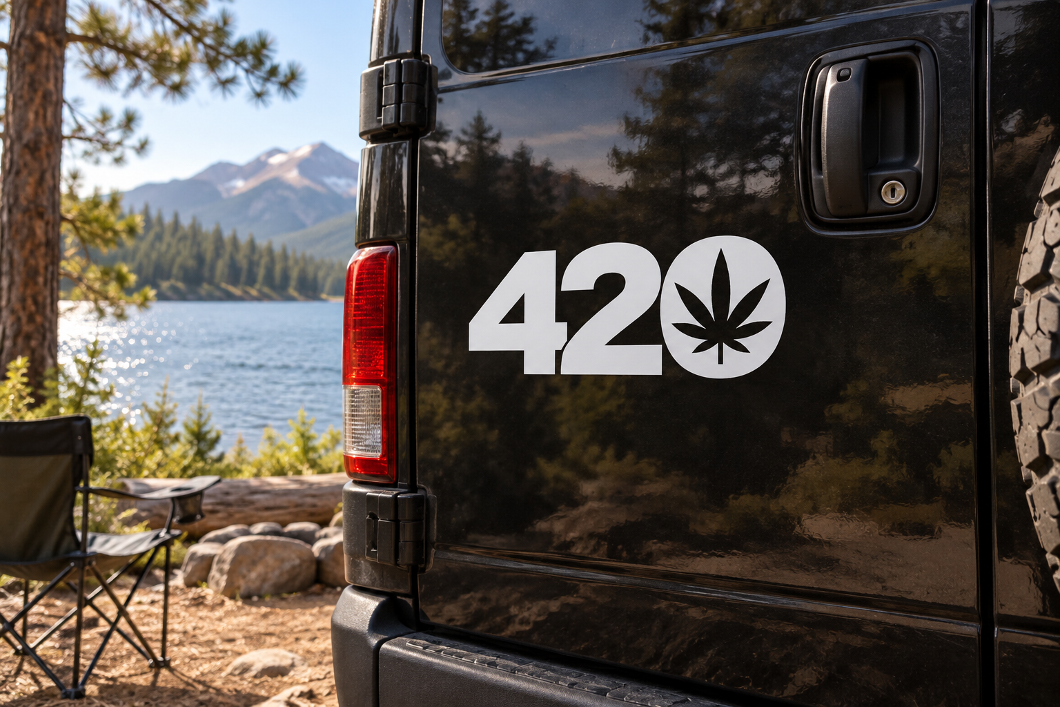 Hidden Leaf 420 vinyl decal: white 42 with leaf in circle on black door
