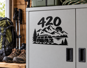 Road Trip 420 vinyl decal: camper van over mountain and pine trees on gray panel