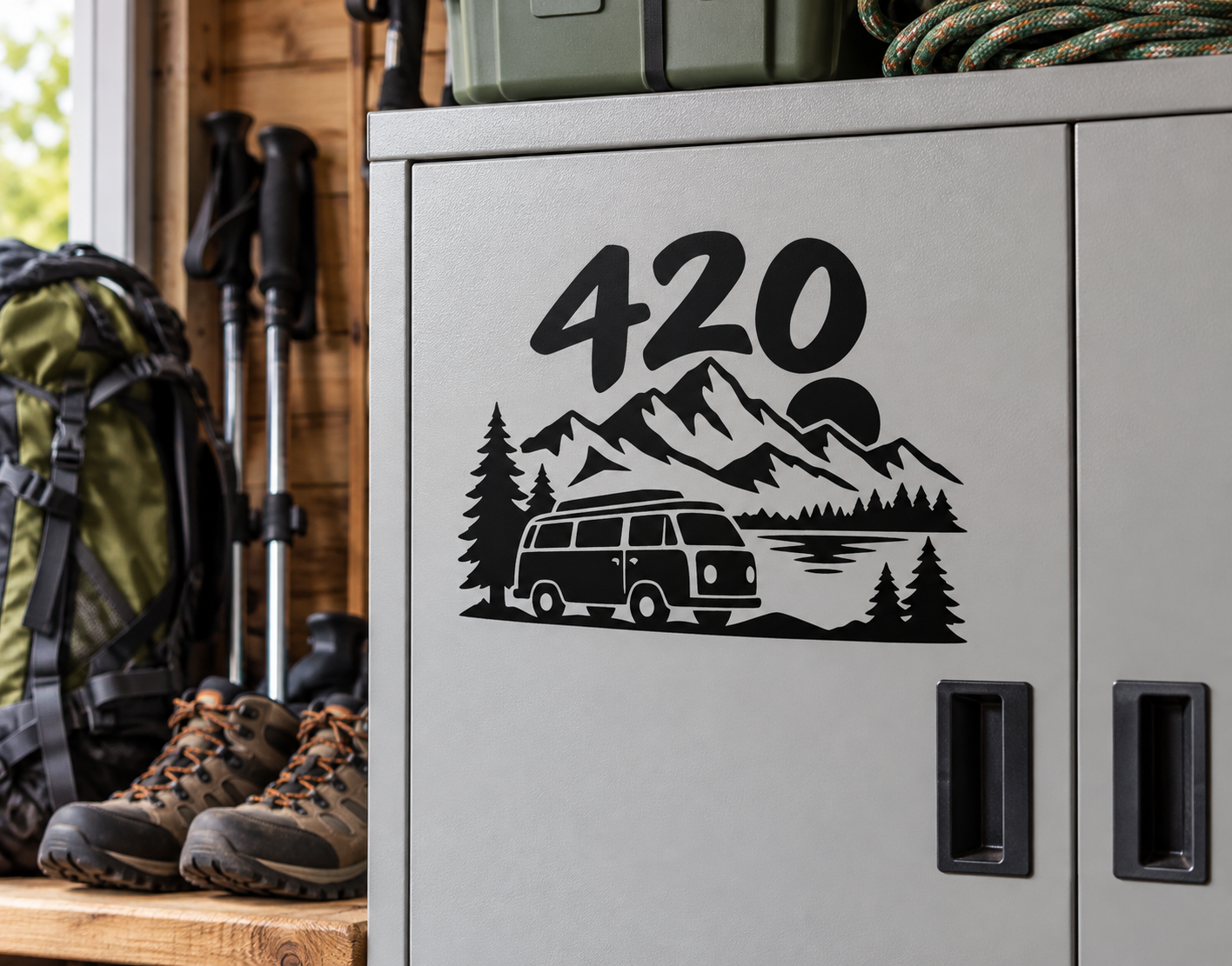 Road Trip 420 vinyl decal: camper van over mountain and pine trees on gray panel