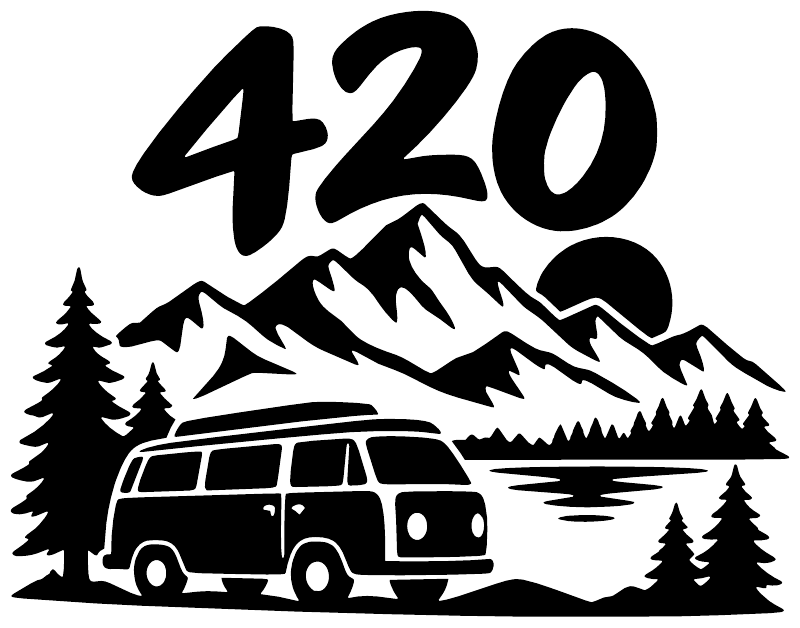 Road Trip 420 vinyl decal with bold 420 text, mountains, pine trees, and camper van