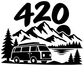 Road Trip 420 vinyl decal with bold 420 text, mountains, pine trees, and camper van