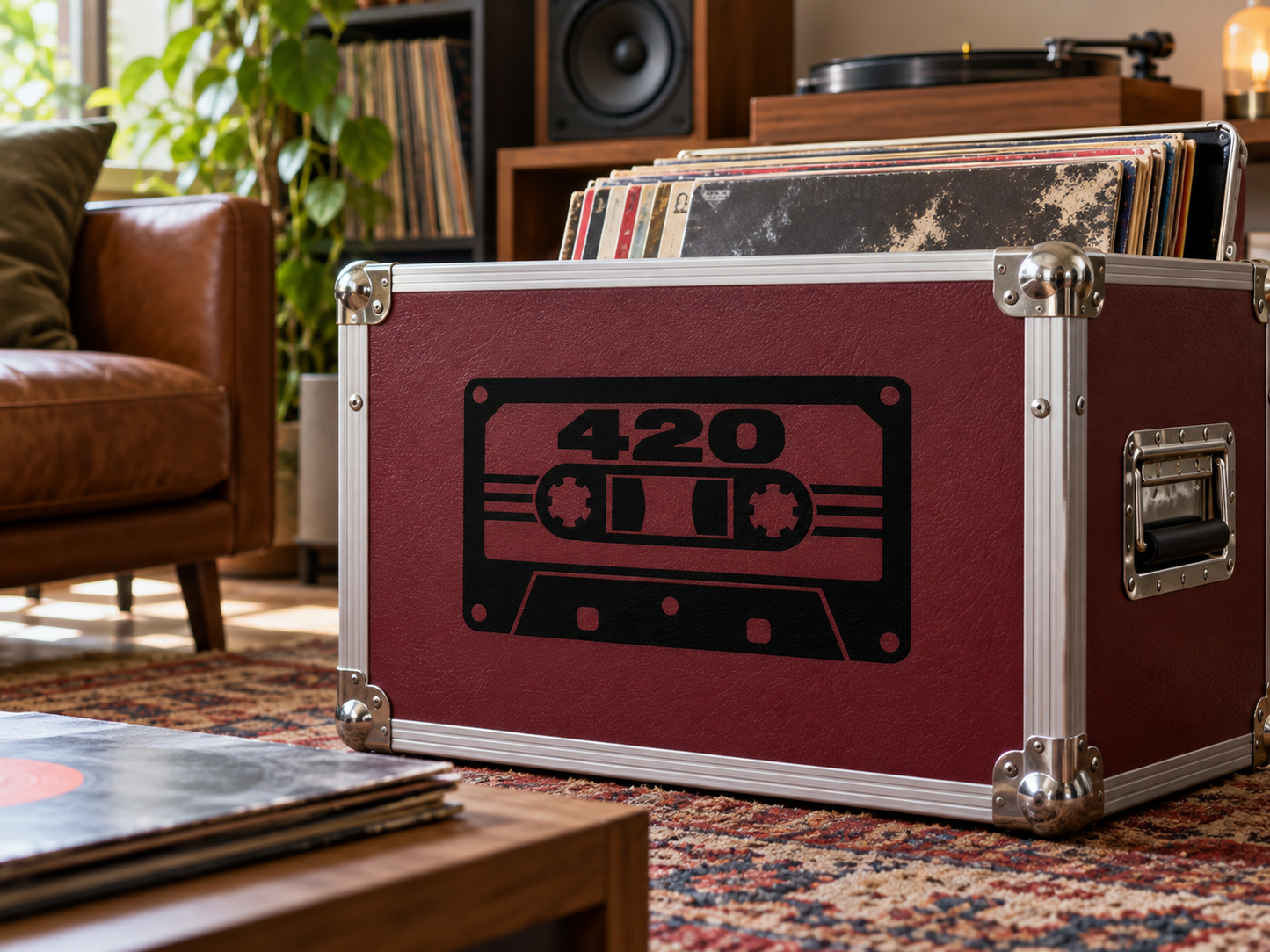 Vinyl decal of red 420 cassette label on dark burgundy background