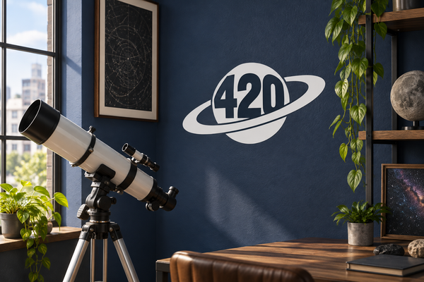 420 planet vinyl decal with Saturn-like ring on dark wall