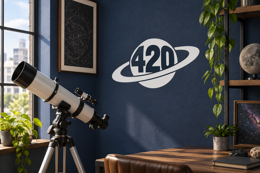 420 planet vinyl decal with Saturn-like ring on dark wall