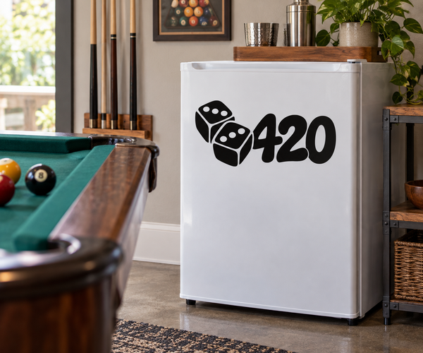420 vinyl decal with three dice icon on a white cabinet front