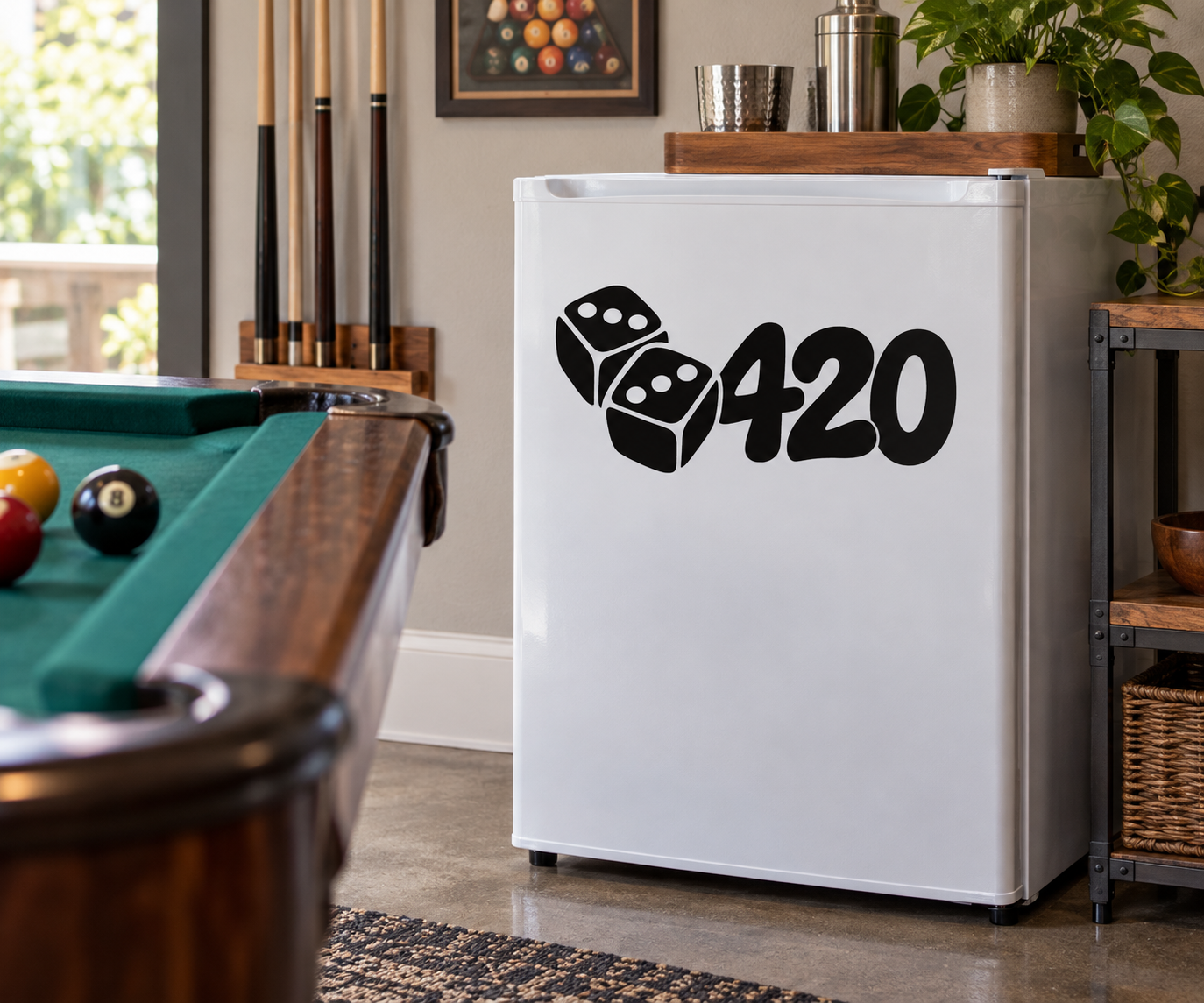 420 vinyl decal with three dice icon on a white cabinet front