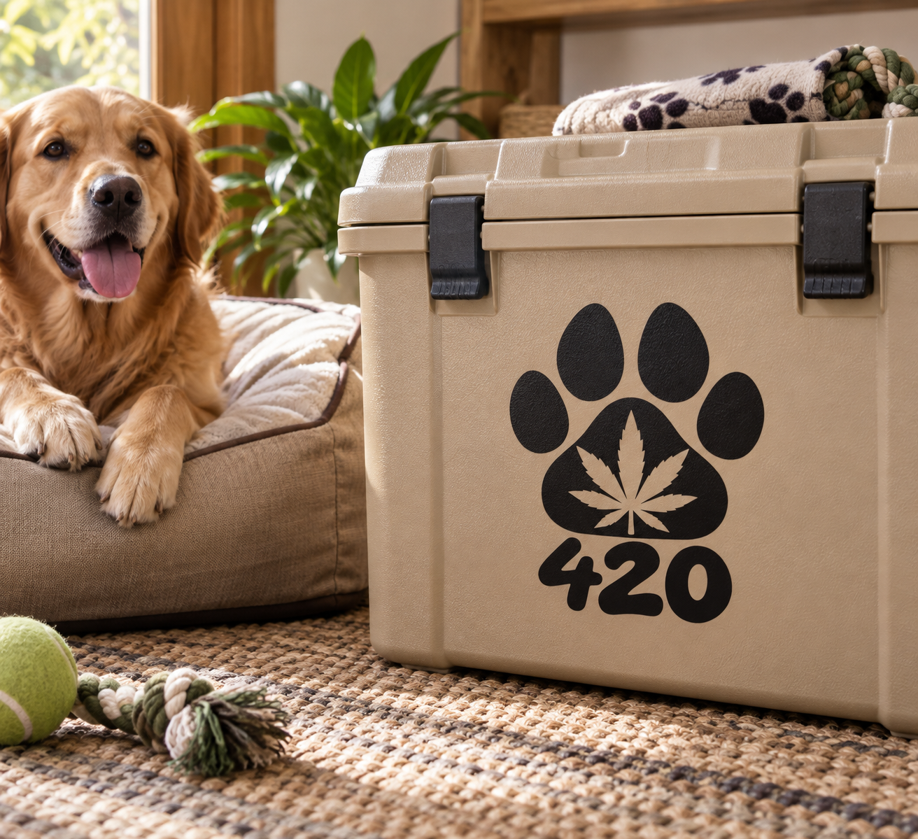 Black paw-print vinyl decal with cannabis leaf and 420 on a tan surface