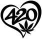 Black 420 heart vinyl decal close-up with cannabis leaf and thick outline