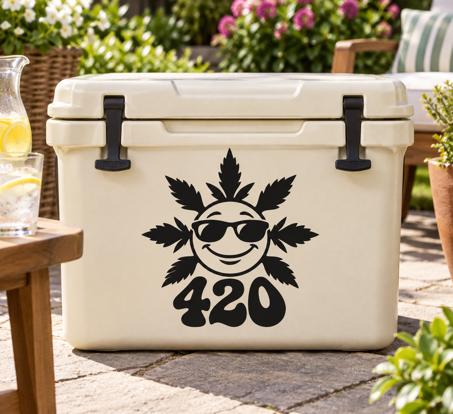 Black 420 sun smiley vinyl decal with sunglasses and leafy hair on a cooler