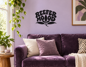 Black REEFER MOJOD vinyl decal with cannabis leaf graphic, wall-ready sticker