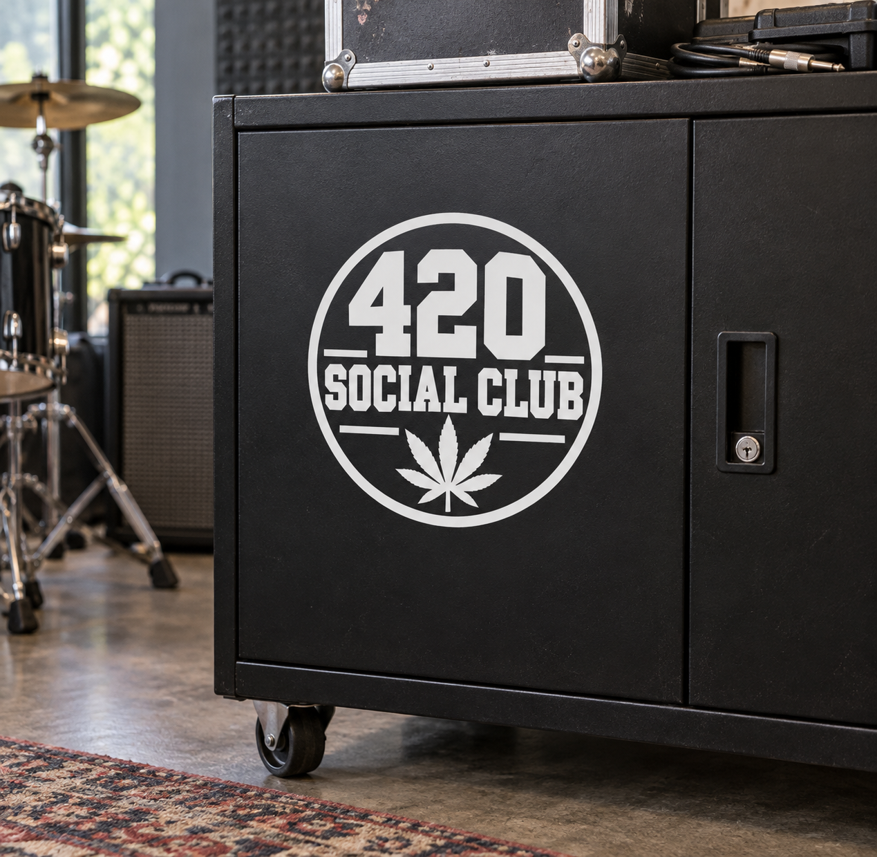 Vinyl decal with “420 Social Club” logo on a circular white emblem