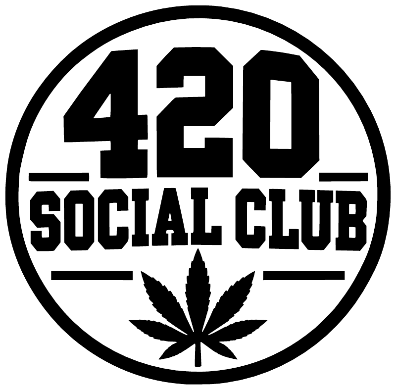 Close-up vinyl decal: white circle “420 Social Club” with leaf graphic