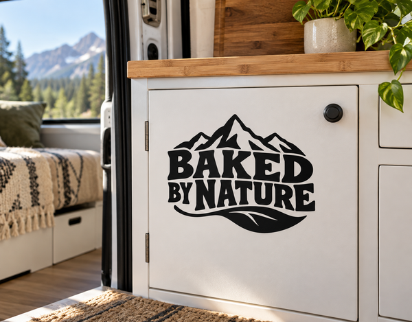 Vinyl decal featuring BAKED BY NATURE mountain logo in black lettering