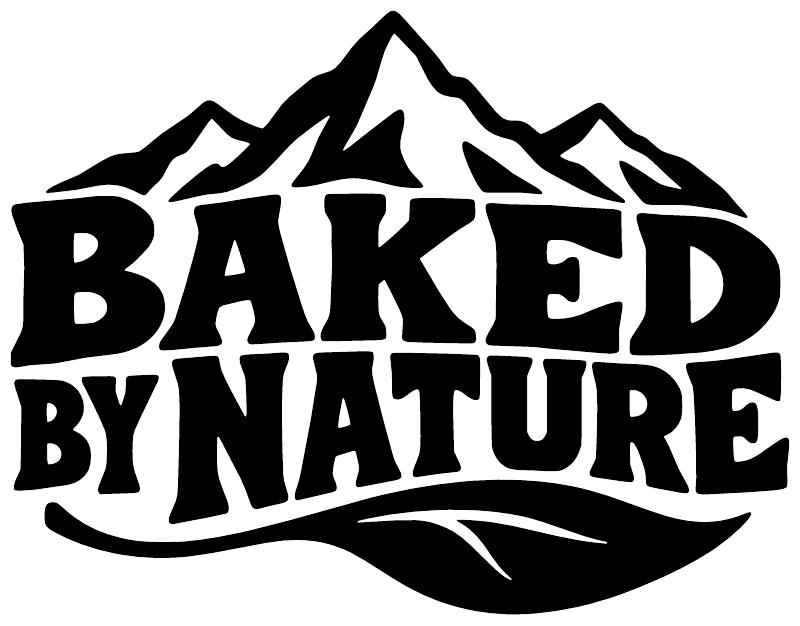 Black vinyl decal with BAKED BY NATURE mountain logo and bold lettering