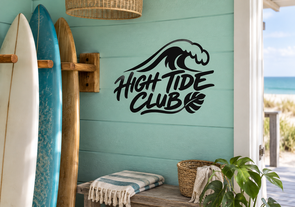 Black vinyl decal with wave-and-fish “High Tide Club” logo lettering