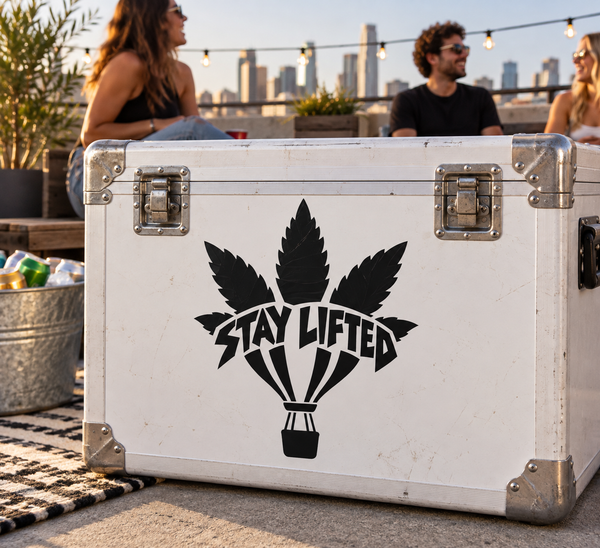 Vinyl decal of black cannabis leaf with “STAY LIFTED” text and potted plant icon
