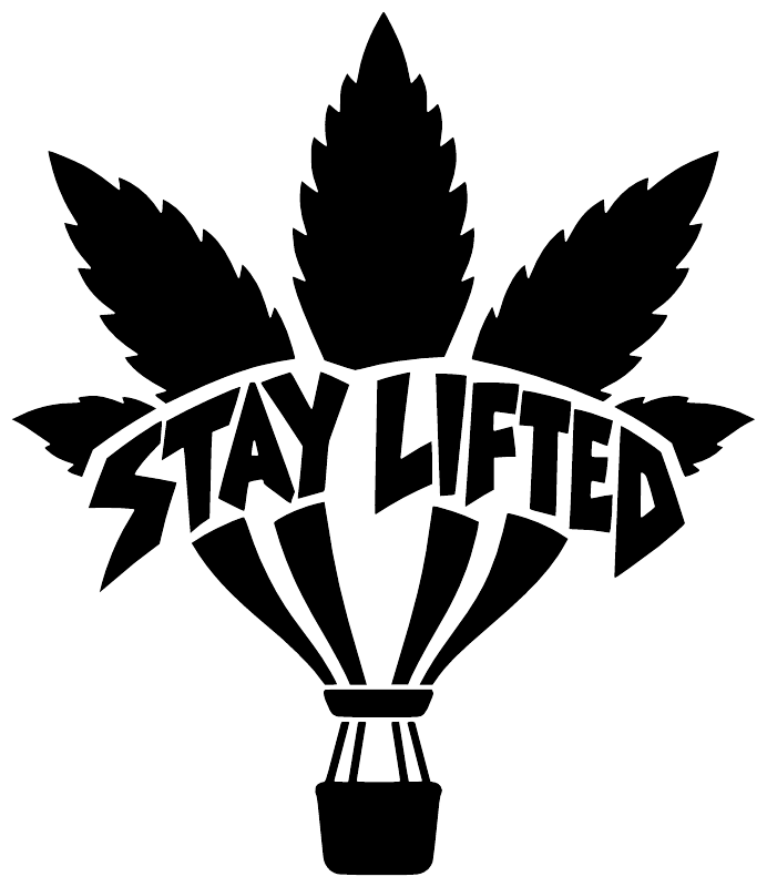Vinyl decal close-up: black cannabis leaf logo with “STAY LIFTED” lettering and pot
