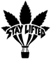 Vinyl decal close-up: black cannabis leaf logo with “STAY LIFTED” lettering and pot