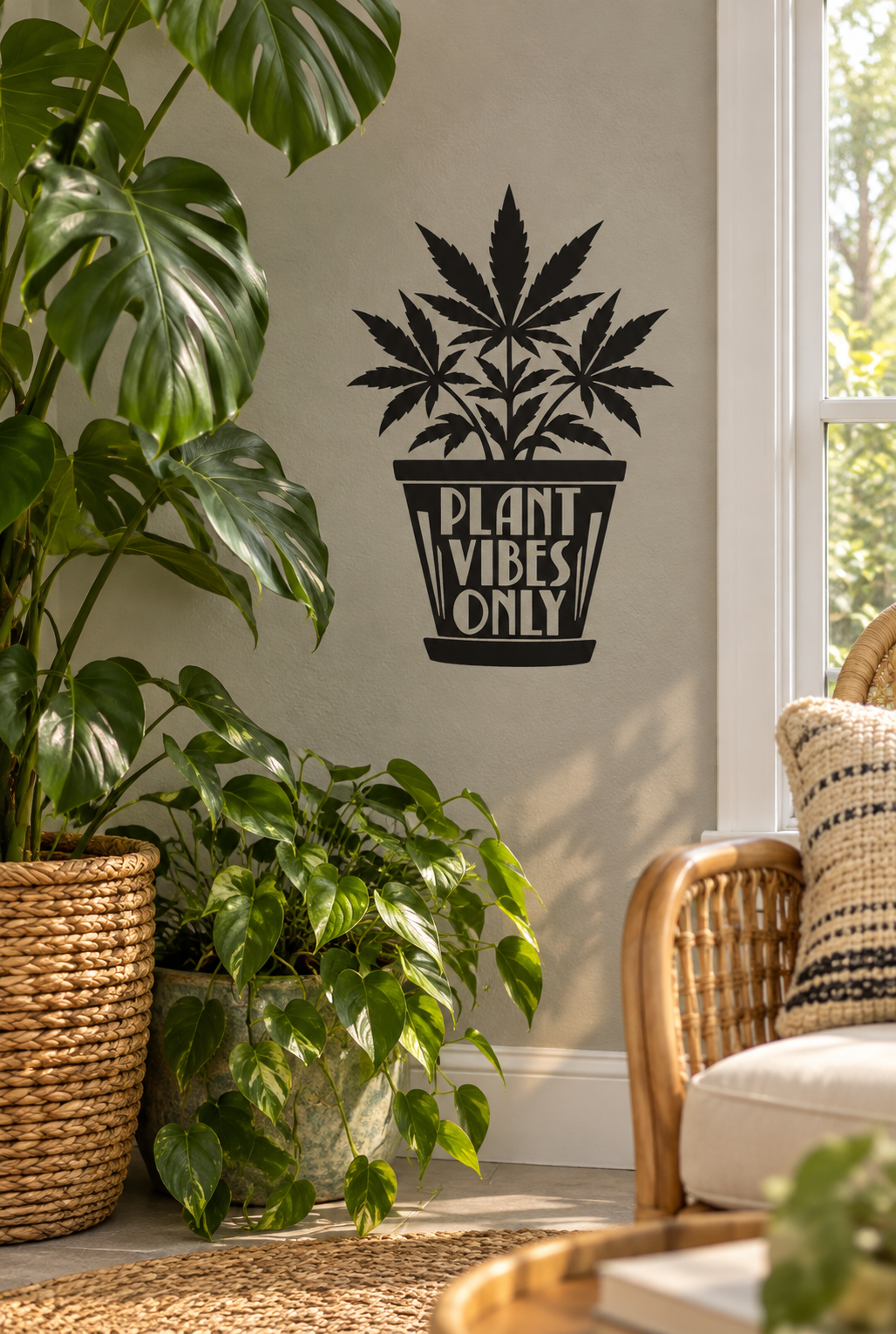 Black vinyl decal of cannabis leaves with "PLANT VIBES ONLY" text in a pot