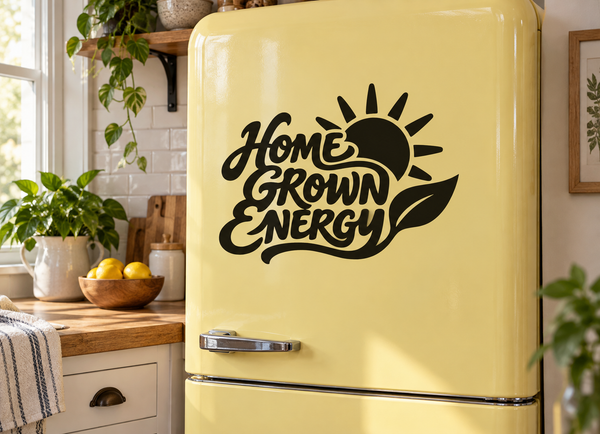 Black Home Grown Energy vinyl decal with sunburst icon on refrigerator door