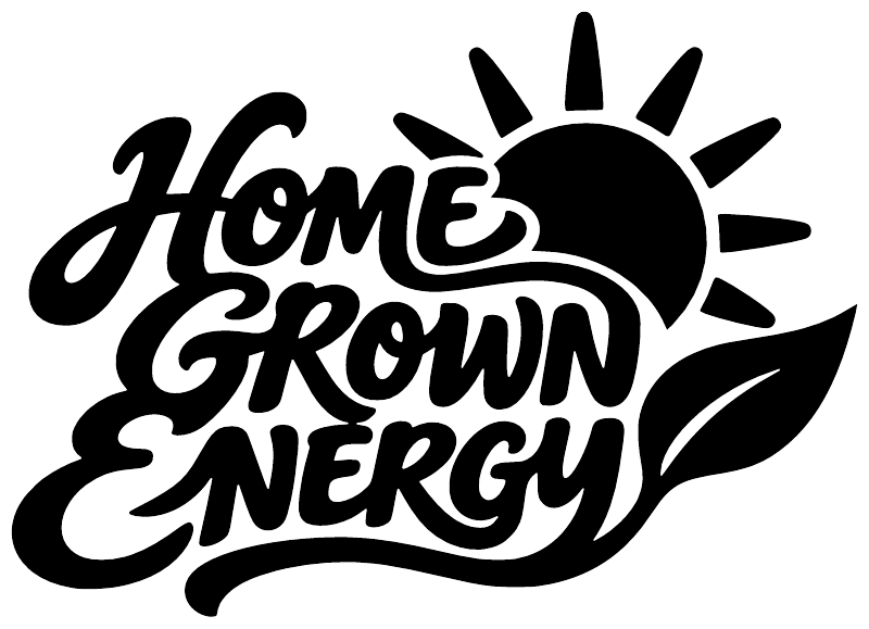 Black Home Grown Energy vinyl decal lettering with sunburst and leaf accents
