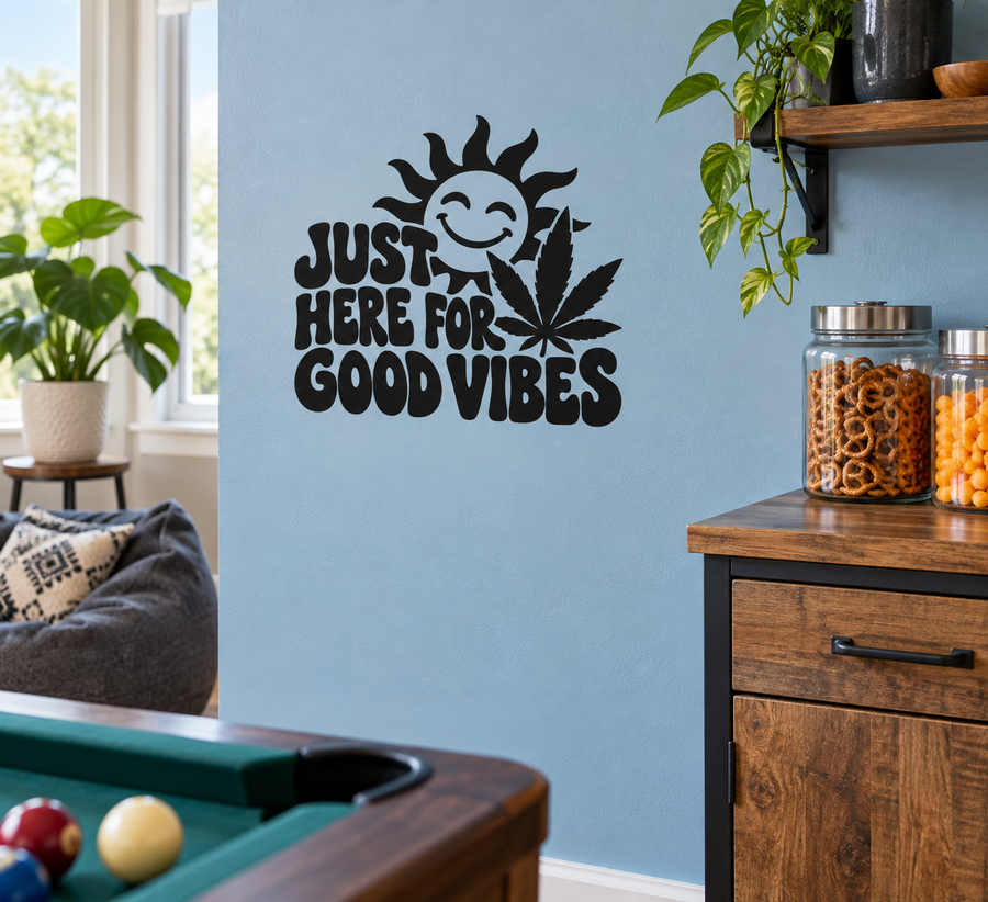Vinyl wall decal: smiling sun and leaf with “Just Here for Good Vibes”