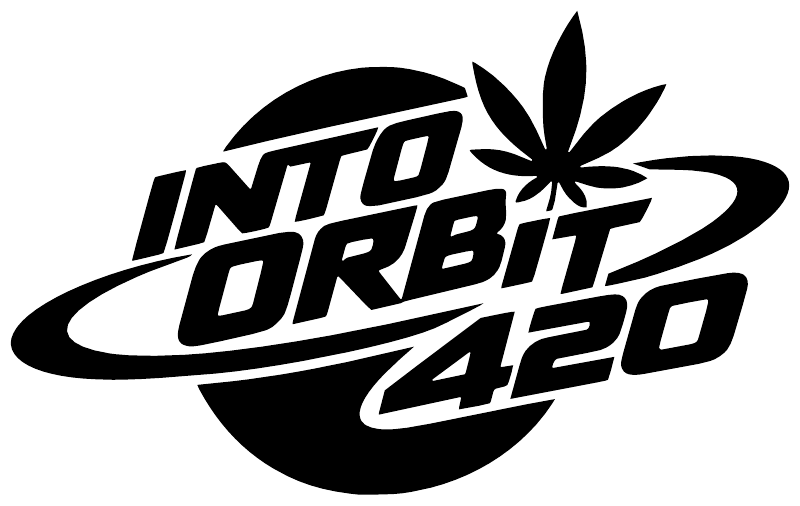 Into Orbit 420 vinyl decal graphic: black and white logo with cannabis leaf