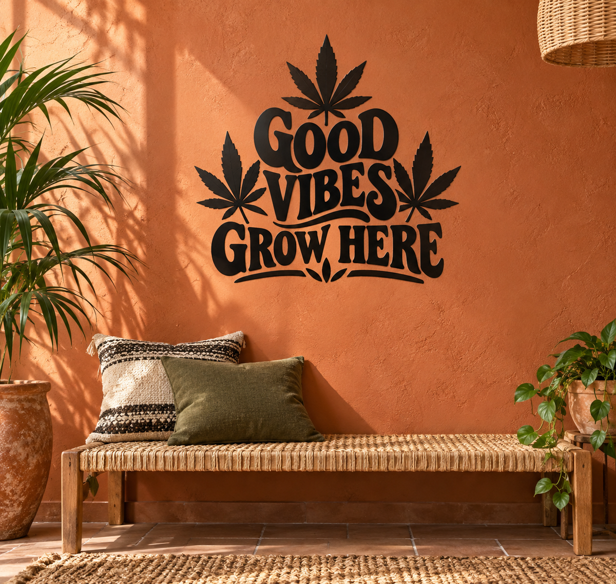 Black vinyl decal reading “Good Vibes Grow Here” with cannabis leaf graphics.