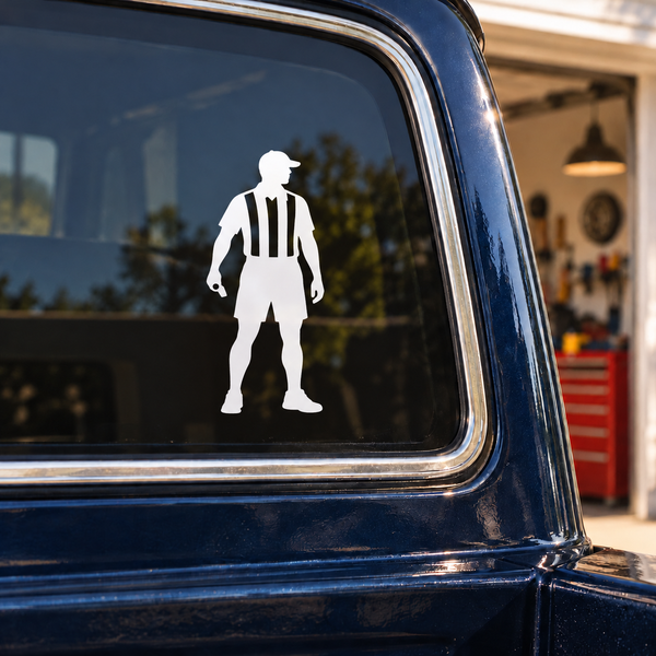 White referee silhouette vinyl decal with black-and-white striped shirt
