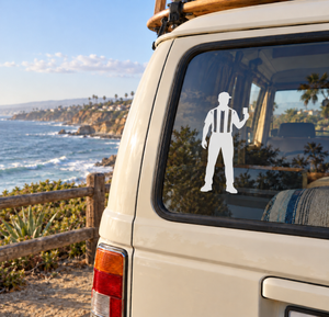 Referee vinyl decal on car window, white referee figure with black stripes