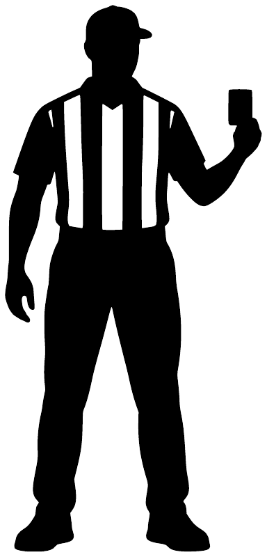 Referee vinyl decal silhouette, black figure with white striped shirt and whistle