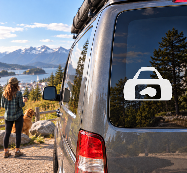 Vinyl vehicle decal: white referee-style whistle icon on a dark graphic background
