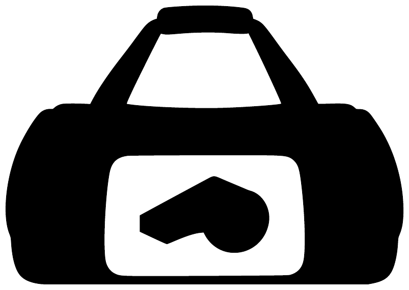 Vinyl decal of a black duffel bag with a white referee whistle symbol