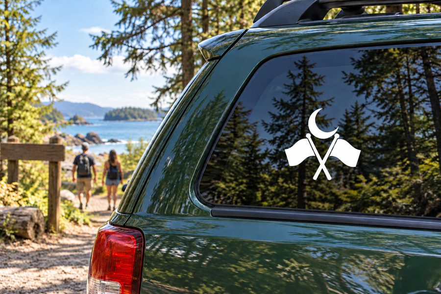 Referee vinyl decal with crescent moon and crossed batons on car window